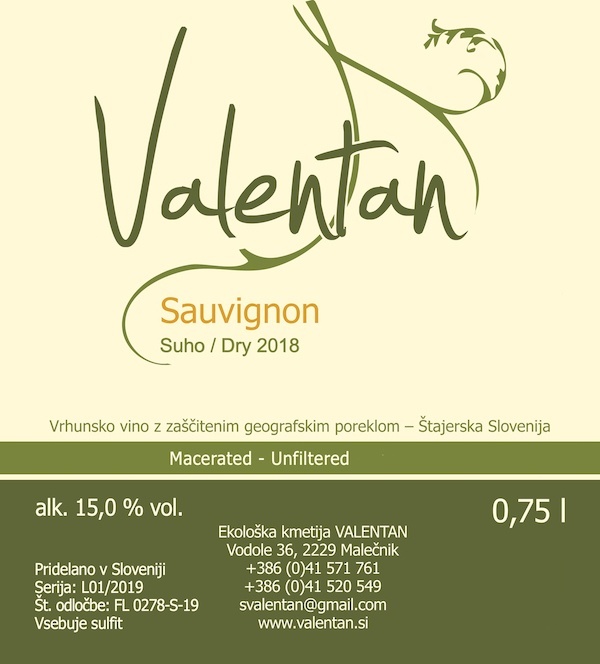 2018 Ekološka kmetija Valentan Sauvignon Blanc