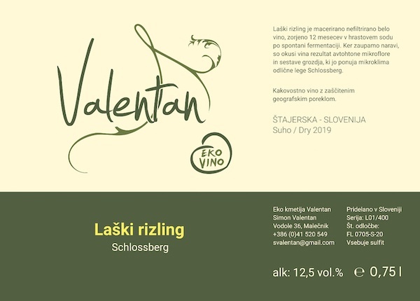 2019 Ekološka kmetija Valentan Schlossberg Laški Rizling