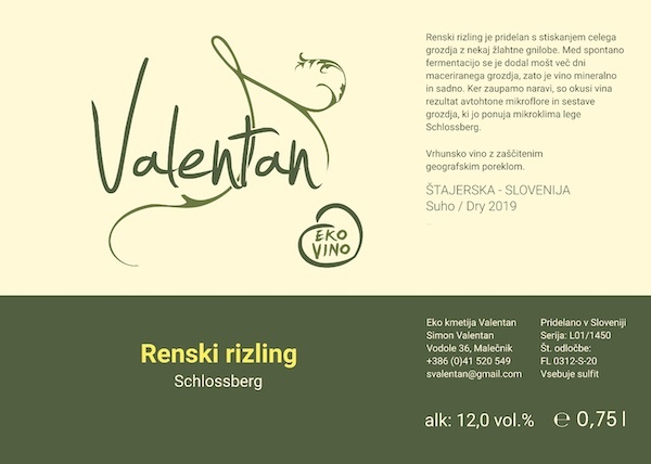 Ekološka kmetija ValentanSchlossberg Renski Rizling 2019
